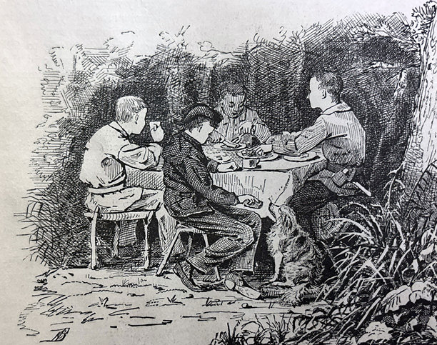 古老插图 - 男孩们在树林里吃饭图片下载