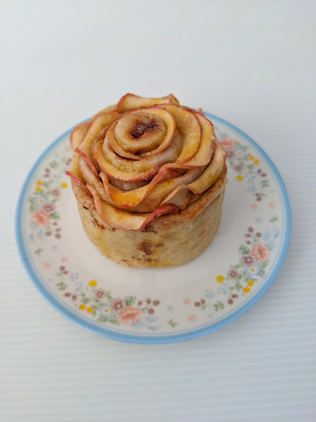 一个肉桂苹果卷放在小盘子上，背景为白色。图片从顶部和侧面拍摄。图片下载