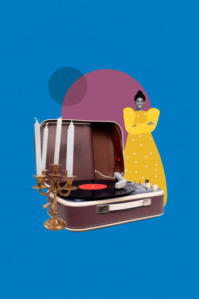 快乐的美国女孩穿着波点裙，旁边有DJ黑胶唱片和烛台，背景为涂鸦风格的垂直照片拼贴。图片下载
