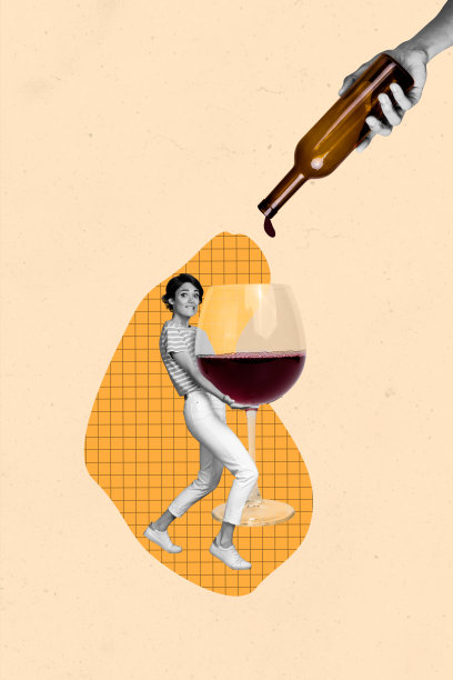 垂直照片拼贴，醉酒女孩手持大酒杯，倒酒时滴落香槟饮料，周五放松，背景为涂鸦风格。图片下载