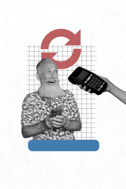 快乐的老人在涂鸦背景下竖直照片拼贴中，手持手机进行非接触式支付终端交易，箭头指向一侧。图片下载
