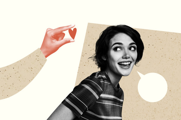 情人节爱的感觉合成趋势艺术草图，年轻女性模特微笑着摆姿势，手握心形物品的照片拼贴。图片下载