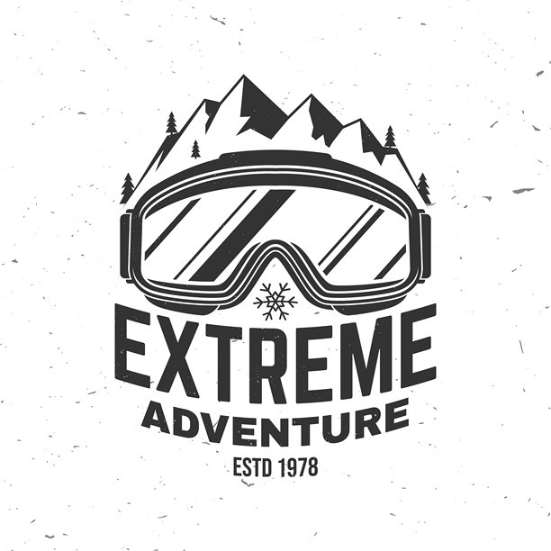 极限冬季冒险。矢量滑雪俱乐部复古徽章。适用于T恤、印刷、印章或带有山脉和滑雪眼镜的印章设计。家庭度假、活动或旅行。适合徽标设计、补丁。图片下载