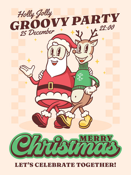 复古风格的圣诞酷圣诞老人和驯鹿角色。卡通圣诞人物插图。冬季假日吉祥物模板背景。快乐的复古酷画作，独立展示。图片下载