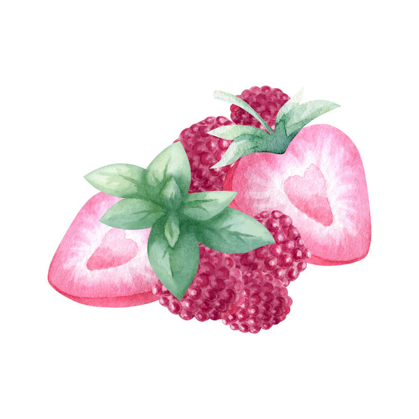 草莓、覆盆子和薄荷。手绘水彩插图，背景透明。心形切开的草莓。适用于厨房纺织品、食品包装、食谱、菜单、烹饪书籍和节日贺卡。图片下载