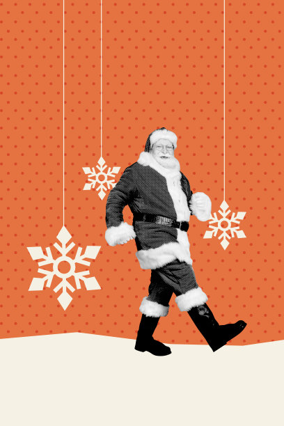 趋势艺术创意草图 3D 照片拼贴 冬季天气 雪庆祝假期 年长男性 圣诞老人服装 胡须 行走方向图片下载