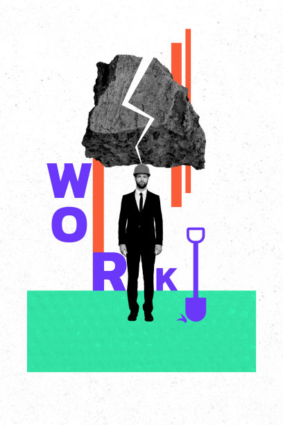 严肃的工匠穿着西装，手持铲子和工具，半身在岩石裂缝中，进行装修的垂直照片拼贴，背景为涂漆的墙面。图片下载