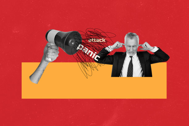 合成照片拼贴，沮丧的男人用手捂住耳朵，手持扩音器，表现出恐慌发作的问题与焦虑，背景为涂鸦风格。图片下载