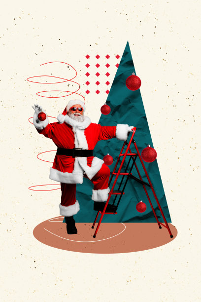 趋势艺术横幅草图 3D 照片拼贴 新年传统 圣诞冬季 老年人 圣诞老人 站在梯子上 装饰松树 球饰图片下载