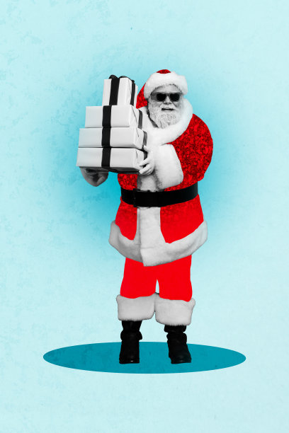 垂直模板艺术3D照片拼贴，快乐的老年圣诞老人手持礼物盒，惊喜的新年庆祝活动，蓝色背景。图片下载