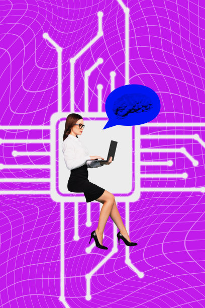 趋势艺术作品创意草图 3D 照片拼贴 网络空间年轻女性穿着正装坐在微芯片维护工程修理工作笔记本电脑前图片下载