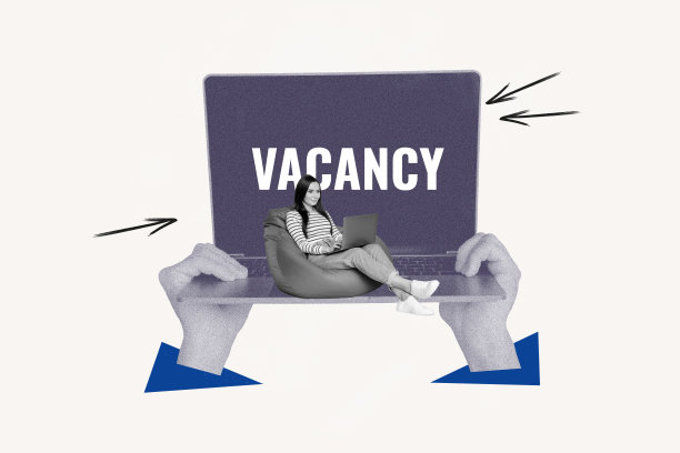 积极女孩坐在坐垫上用笔记本电脑搜索远程工作的抽象创意复合照片拼贴，背景为白色。图片下载