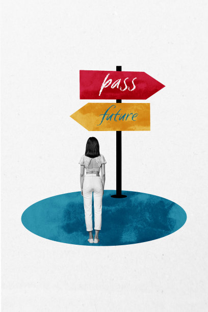 垂直照片拼贴，匿名女孩背对路标，指向迷失的难民过去与未来，孤立在涂鸦背景上。图片下载