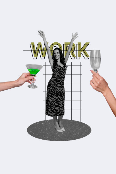 快乐的魅力女孩在公司派对周末放松，鸡尾酒派对庆祝活动的垂直照片拼贴，背景为涂鸦风格。图片下载