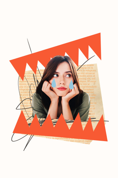 垂直照片拼贴，表现出一个沮丧的女孩哭泣，模仿锋利的牙齿，陷入抑郁情绪、压力和疲惫，背景为涂鸦风格。图片下载