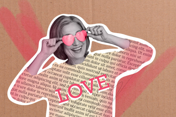 情人节假期约会的复合趋势艺术作品草图，照片拼贴，爱心形状的眼镜，年长女士与女友手牵手。图片下载