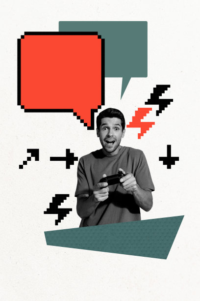 垂直照片拼贴，快乐惊讶的男士手持游戏手柄玩复古游戏，气泡交流，背景为涂鸦风格。图片下载