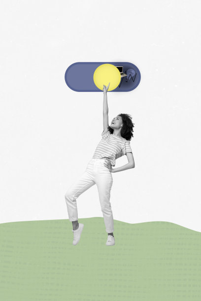 年轻女学生的复合艺术3D照片拼贴趋势模板，手指指向笔记本电脑的开关按钮，图形交易商。图片下载