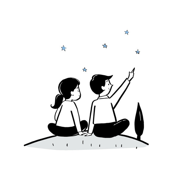 凝视地平线。极简主义风格插图，描绘一对情侣一起仰望星空。图片下载