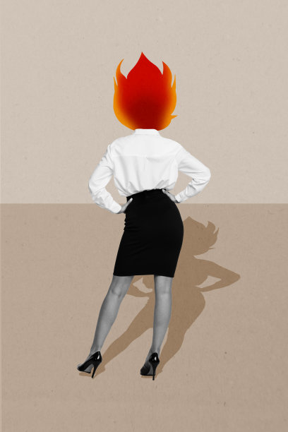 垂直照片拼贴，匿名女孩的头像被火焰替代，表现过度工作的员工在涂鸦背景下的疲惫感。图片下载