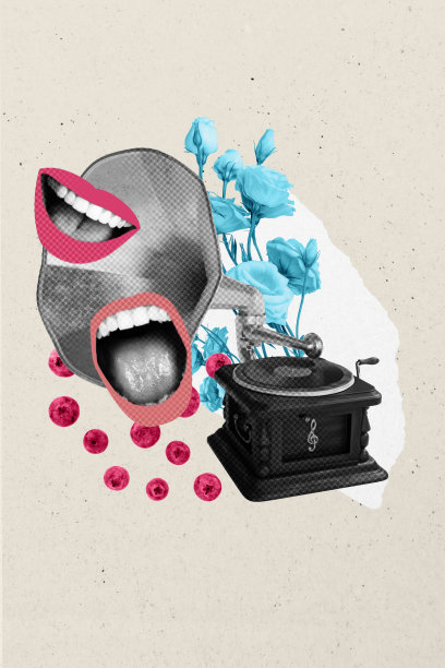 无脸的嘴巴在复古场合中唱着旋律，花朵盛开，蓝莓与涂鸦背景的垂直照片拼贴。图片下载