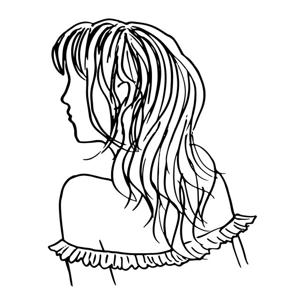 背影侧面视角的长波浪卷发女孩，肖像无面孔 - 手绘线条艺术图片下载