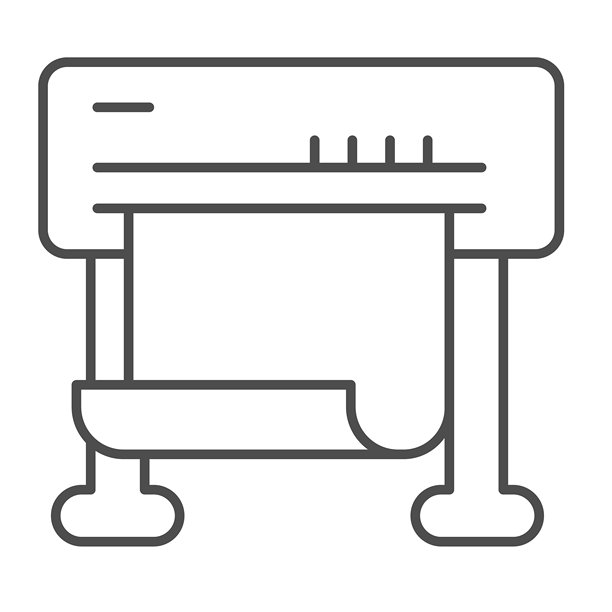 喷墨绘图仪与纸张薄线图标，建筑工作室概念。矢量图形。白色背景上的照片标牌、横幅、海报打印机标志，适用于移动或网页设计的轮廓风格图标。图片下载