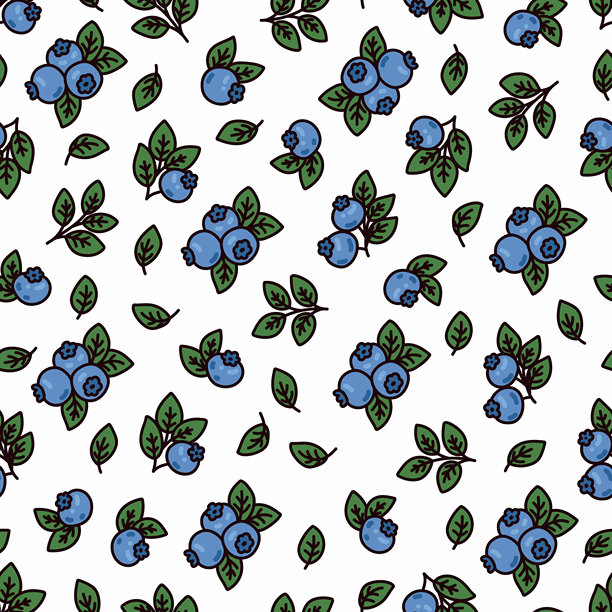 无缝图案，白色背景上的林地浆果。夏季花卉印花，手绘野生蓝莓。自然设计，甜美的浆果和绿色叶子。矢量插图。图片下载