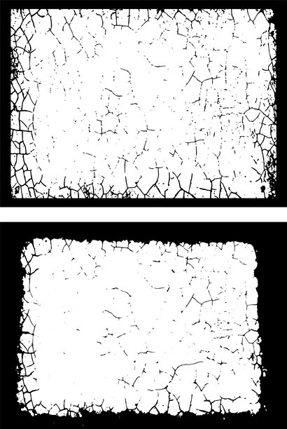 黑白复古磨损纹理照片框，两个矩形框架带有受损和飞溅的纹理，适用于艺术视觉展示图片下载