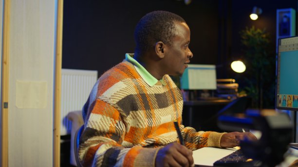 非裔美国男性照片编辑在现代双屏设置中多任务处理图片下载