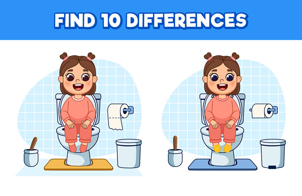 在卫生主题上找出10个不同之处。女孩坐在马桶上，周围有垃圾、厕所刷和纸。可爱的卡通插图，孤立。儿童游戏。图片下载