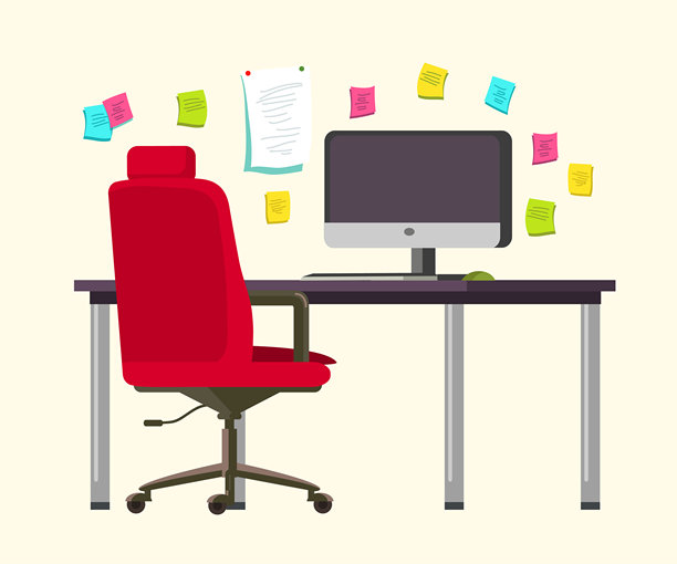 带椅子的办公桌，桌子后面墙上有大屏幕电脑和笔记。家庭办公室室内设计。现代商务工作场所。平面矢量插图。图片下载