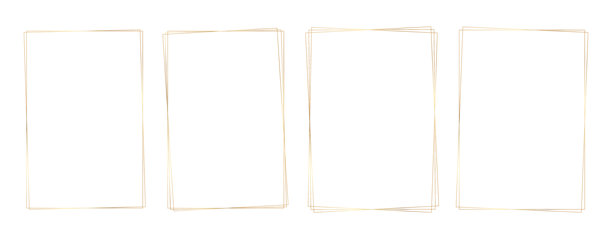 金色闪亮发光的细长矩形边框套装。奢华逼真的金色边框。适用于证书、故事模板、邀请函、现代线性极简设计、照片、海报、卡片。矢量插图。图片下载