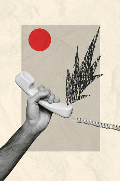 垂直创意照片合成拼贴，展示人手握着复古电话，倾听愤怒客户，背景为手绘风格。图片下载