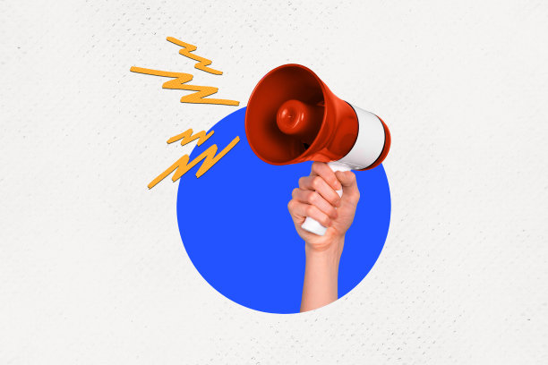 3D照片艺术图形拼贴画，展示一只手举起扬声器，宣布大型购物促销，背景为纯白色。图片下载