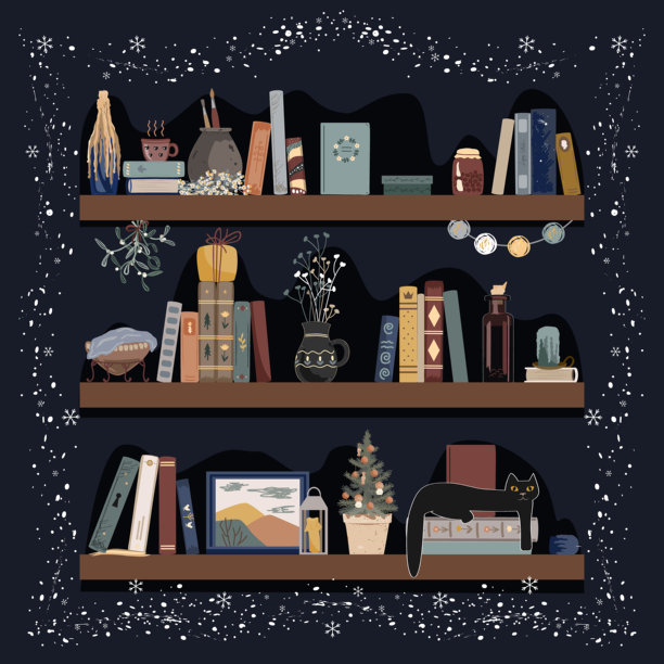 老书架上摆放着各种复古物品，窗外雪景如画。温馨的冬季窗户，舒适的家居。适合童话、舒适和复古风格室内的独立设计元素。图片下载