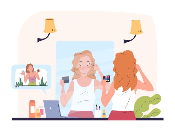 在线化妆课程。美容视频博客虚拟培训化妆教程，女性在家中对着镜子观看并化妆，女性博主的矢量插图。图片下载