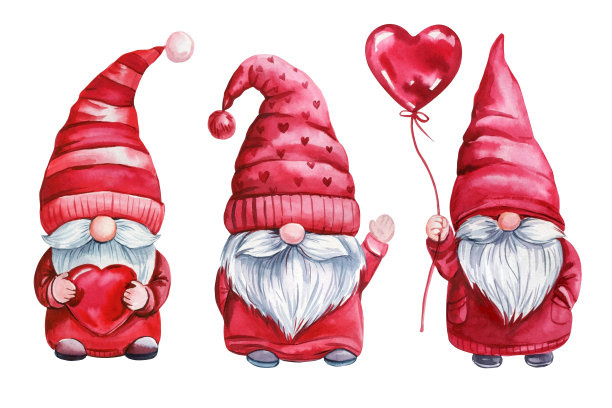 水彩情人节小矮人，戴着红色帽子，手捧心形，可爱的节日插图，背景为白色，充满爱意。图片下载