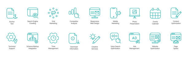 高级SEO和网站优化图标集 - 锚文本、搜索引擎爬虫、病毒营销、计算机分析、响应式网页设计、移动营销、照片展示、活动日历图片下载