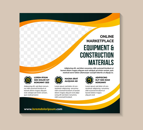 抽象设计社交媒体动态帖子横幅模板，标题为“在线市场设备和建筑材料”。方形布局，白色背景上留有照片拼贴的空间。图片下载