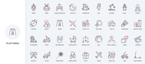 儿童游乐场玩具和游戏，室内外发展活动线条图标集图片下载