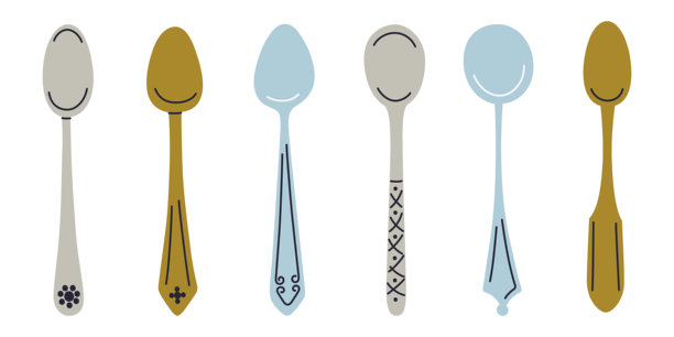 一套复古风格的华丽茶匙，采用蓝色、灰色和青铜金属，带有装饰性图案。适用于茶、咖啡和烹饪的复古餐具系列。平面卡通风格的矢量插图。图片下载