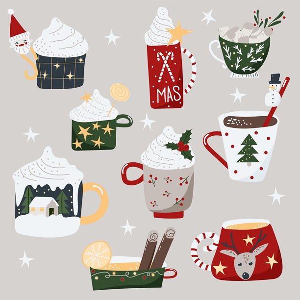 圣诞节矢量杯，里面有可可、茶、咖啡、棉花糖、奶油装饰、肉桂、柠檬、圣诞树、云杉树枝、雪人、鹿、圣诞老人头像、浆果、糖果棒和星星。图片下载