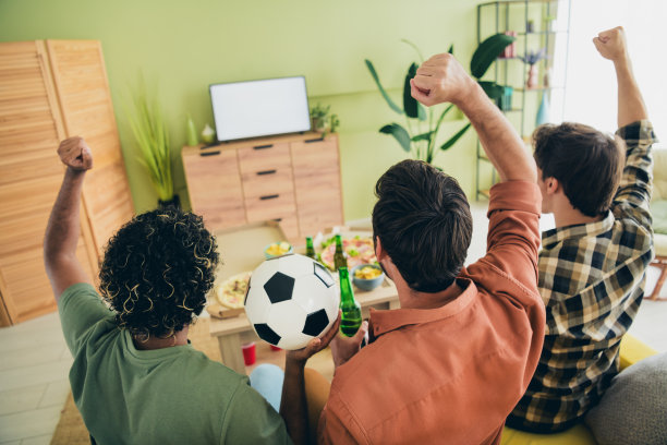 公司三位朋友在现代公寓室内观看足球，举起拳头，享受周末时光的背面照片图片下载
