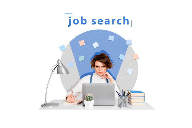 年轻失业女性在白色背景下使用电脑进行网络求职并写笔记的照片拼贴图图片下载