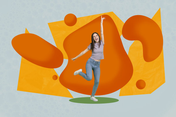 3D照片艺术图形拼贴，展示一位无忧无虑、时尚的女士在背景中跳舞、享受乐趣的插图。图片下载