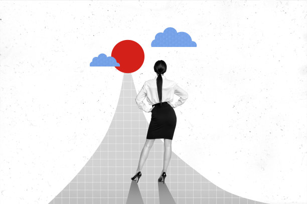 复合图片拼贴，背影女经理远望，准备迎接成功的漫长旅程，准备参加马拉松，背景为白色。图片下载