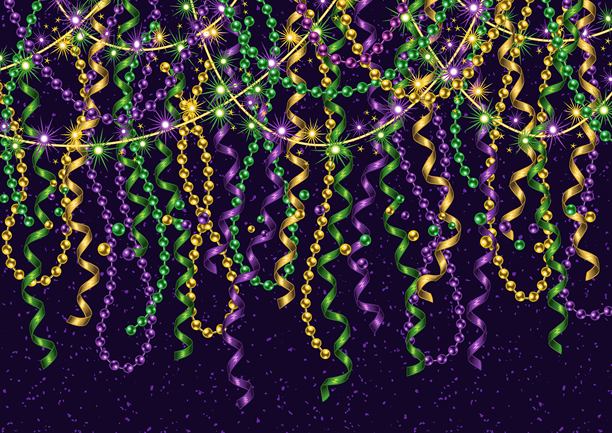 横向的狂欢节横幅，上面垂直随机悬挂着珠子和彩带。适合节日、狂欢节、派对和假日活动的背景和照片亭设计。A4图片下载