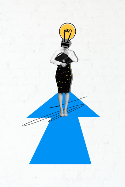 垂直照片拼贴，匿名女孩的头部与灯泡、创意、寻找计划、箭头、发展和成功的元素，背景为涂鸦风格。图片下载