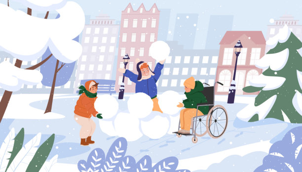 坐在轮椅上的孩子与其他孩子一起玩耍，正在一起堆雪堡。快乐的朋友们在雪地里享受乐趣，进行冬季游戏，户外休闲活动，卡通扁平风格插图，城市背景。图片下载